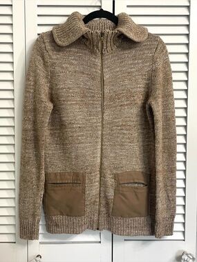 GAP Heathered Tan Alpaca Wool Blend Collared Zip Up Cardigan Sweater Pockets S